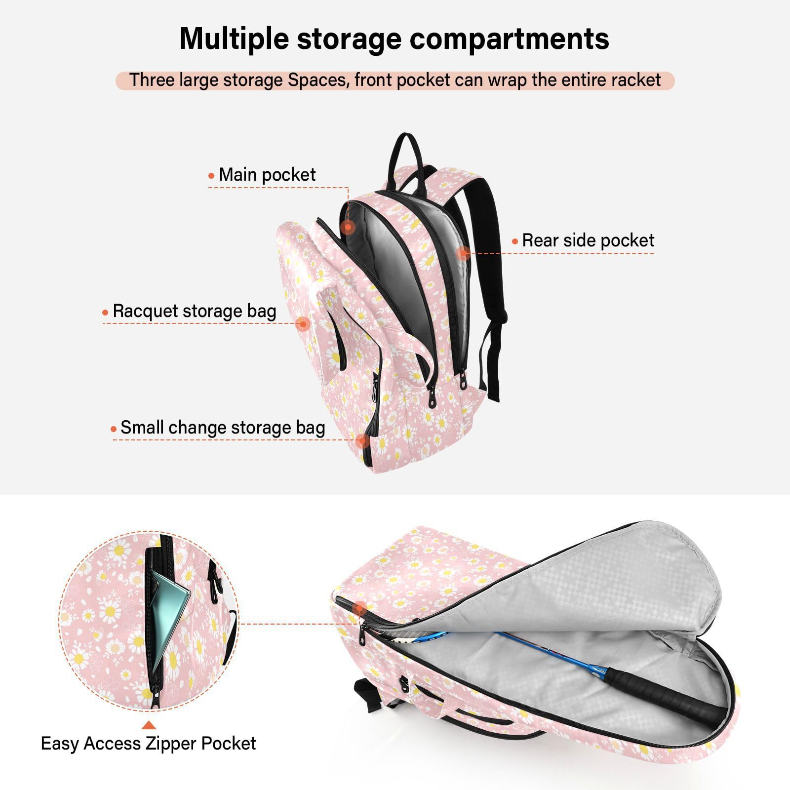 junzan Bolsa de tenis para mujeres y hombres, bonita funda resistente para raquetas de tenis con capacidad para 2 raquetas para mujeres, hombres, adolescentes, margaritas vintage