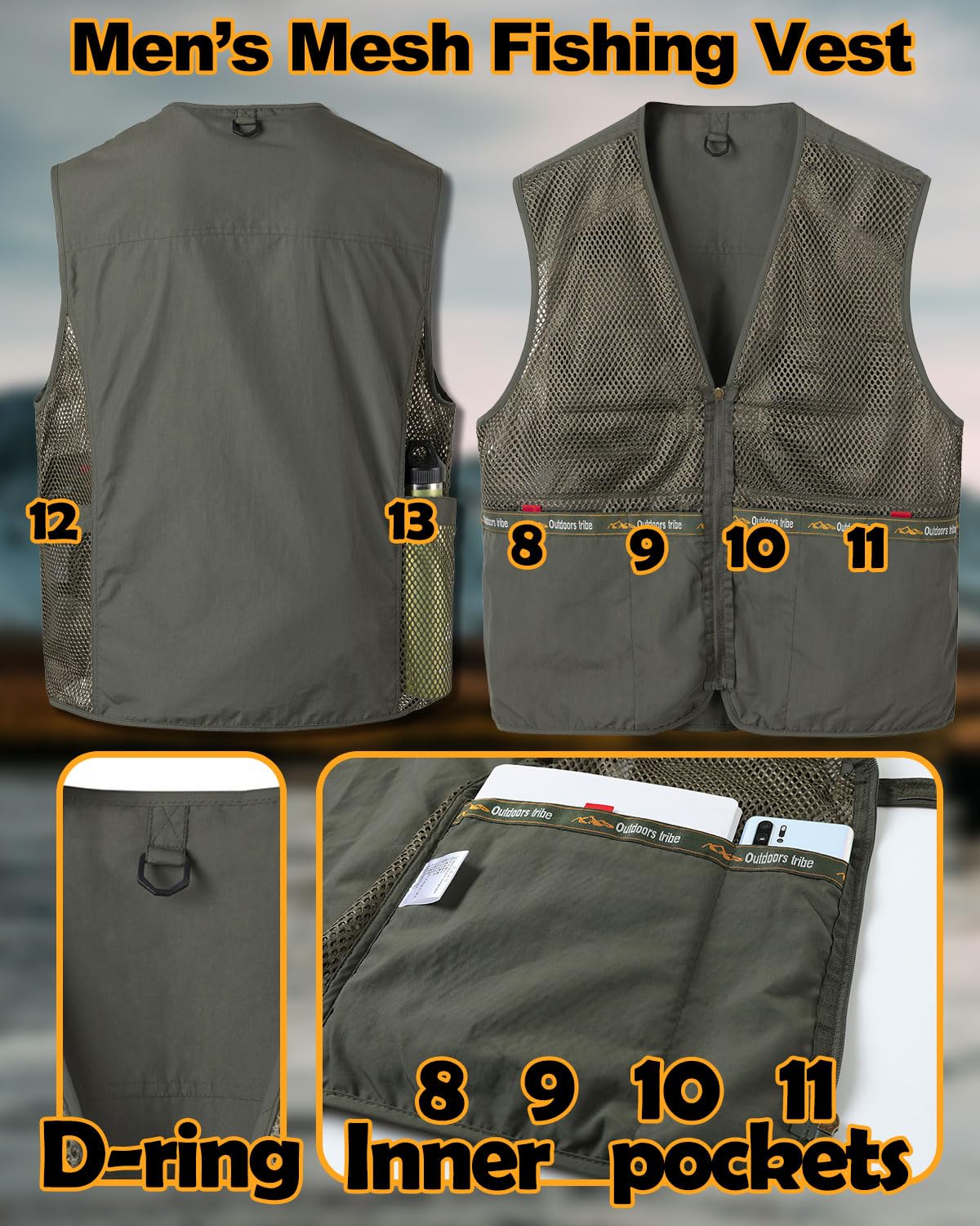 Homme Gilet de Pêche Veste Légère Sans Manches en Maille avec Multi-Poches Séchage Rapide Gilet pour Photographie en Plein Air Randonnée Escalade