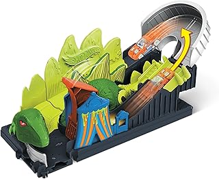 Hot Wheels Dino Coaster Attack Playset with Roller Coaster, Stegosaurus Dinosaur Challenge & One 1:64 Scale Hot Wheels Vehicle for Kids 4 to 8 Years Old, Connects to Other Sets