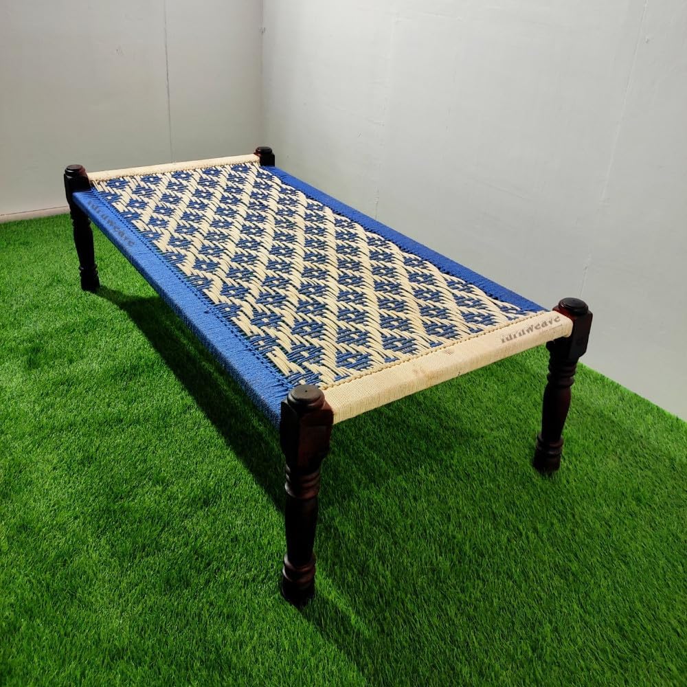 Solid Sheesham Wood Handmade Rajasthani Charpai | Cotton Rope Khatiya Charpai Single Bed Without Storage | Wooden Cot Bed | Khatiya-Khaat | 6X3 Feet | Color - White and Blue