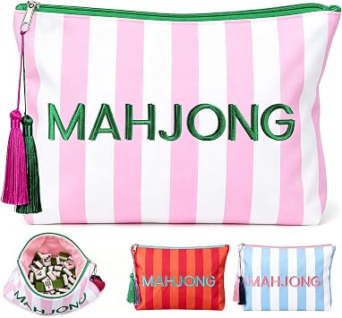 Gilprop Striped Mahjong Tile Bag with Soft Velvet Lined Embroidered Tiles Bag with Zipper Tassel for 1.2" Tiles Accessories Empty Storage Case for Mah Jong Lovers Game NightCase Only