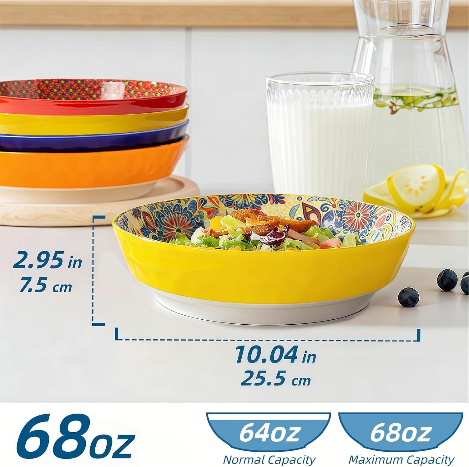 4-Piece Bohemian Style Ceramic Bowls - 10-inch baking dishes, 68 oz capacity, suitable for side dishes, condiments, soy sauce, etc. Safe for use in microwave and oven.