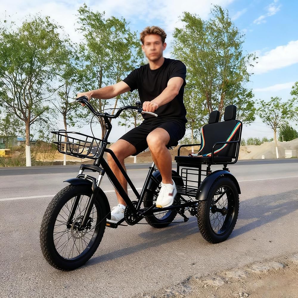 Rower trójkołowy z oponami fatbike 20", dla dorosłych, z siedzeniem pasażera, wysoka nośność, komfort jazdy, dla seniorów o wzroście 170-185 cm
