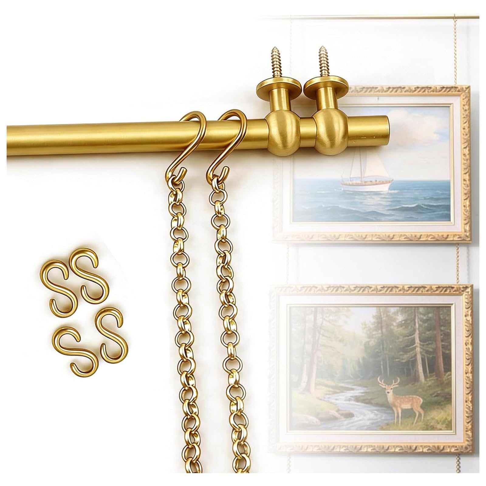 BiSaXieTa Brass Picture Rail Hanging System, Art Picture Hanging Track and Photo Display Rod, with Chains & S Hooks, for Wall Decor(0.7m(27.6") Rod)