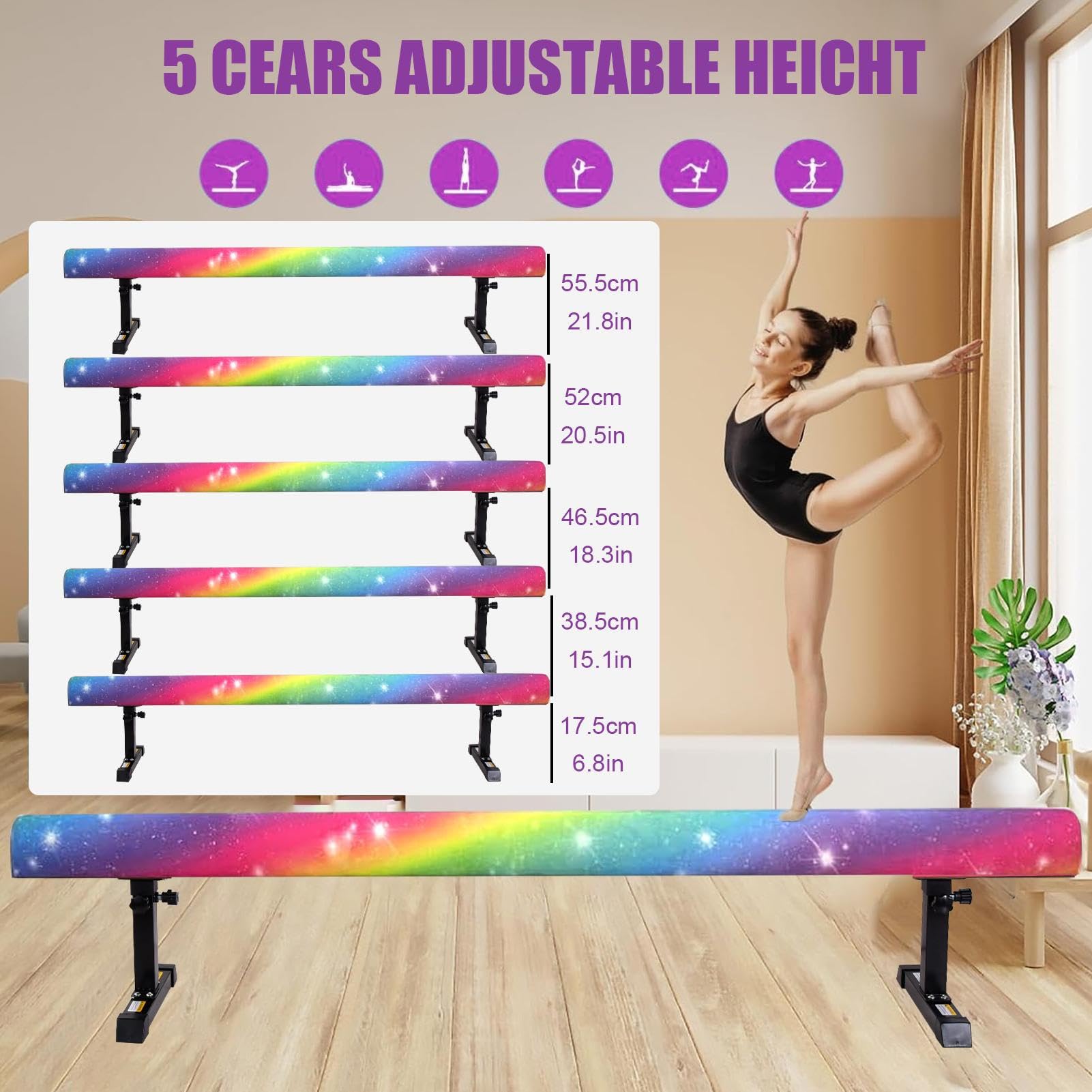 Poutre De Gymnastique, Schwebebalken Für Zuhause, 180cm Einstellbarer Balancestrahl, 5 Höhen Einstellbar Et Low Levels Stabile Floor Beam Gym Trainingsgeräte, Gymnastikbalken Trainingsgeräte Mit Bein