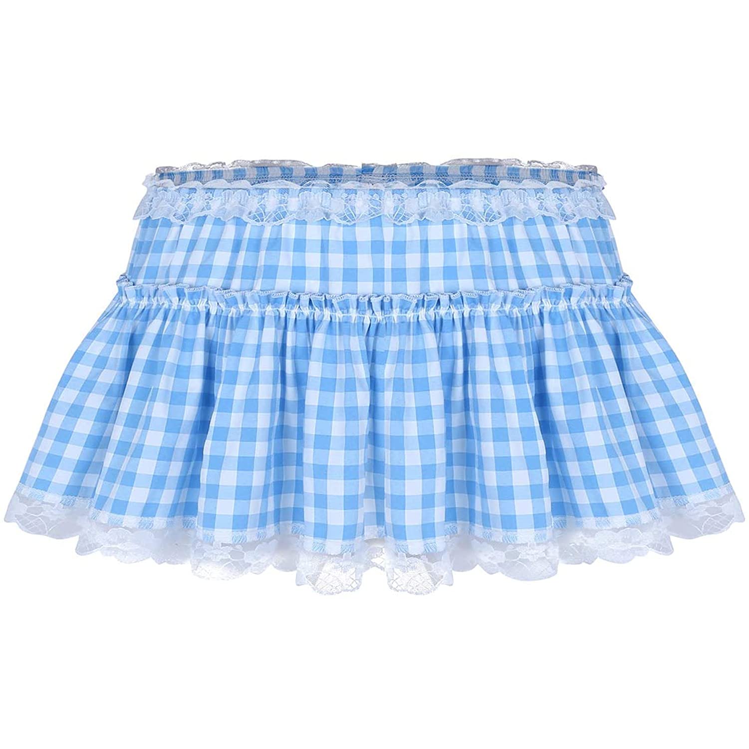 KKmeter Men's Skirt Sissy Ruffled Lace Openwork Pleated Gingham A-line Mini Skirt - Blue X-Large