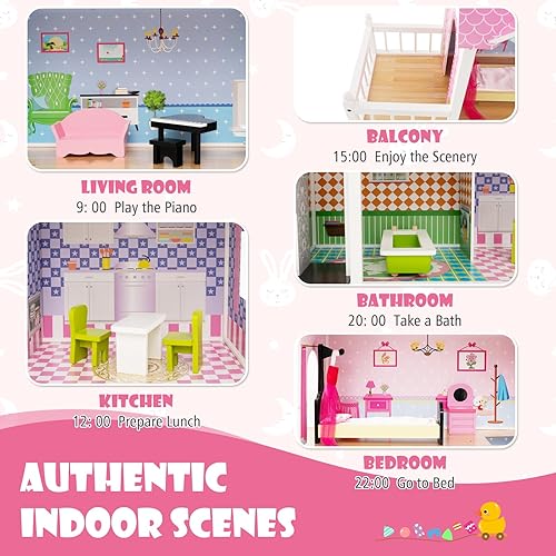 Miniatura 4 de HONEY JOY Casa de muñecas rosa, casa de muñecas de ensueño de madera de 3 pisos con ascensor y escalera de trabajo, 10 piezas de accesorios de juego