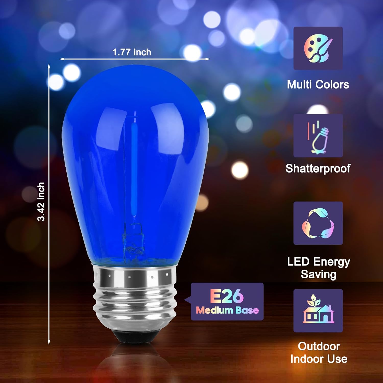 S14 Colored LED String Light Bulbs Replacement 16 Pack, 1W Multi-Color Edison Bulb E26 Medium Base Plastic Shatterproof for Home Outdoor Decor