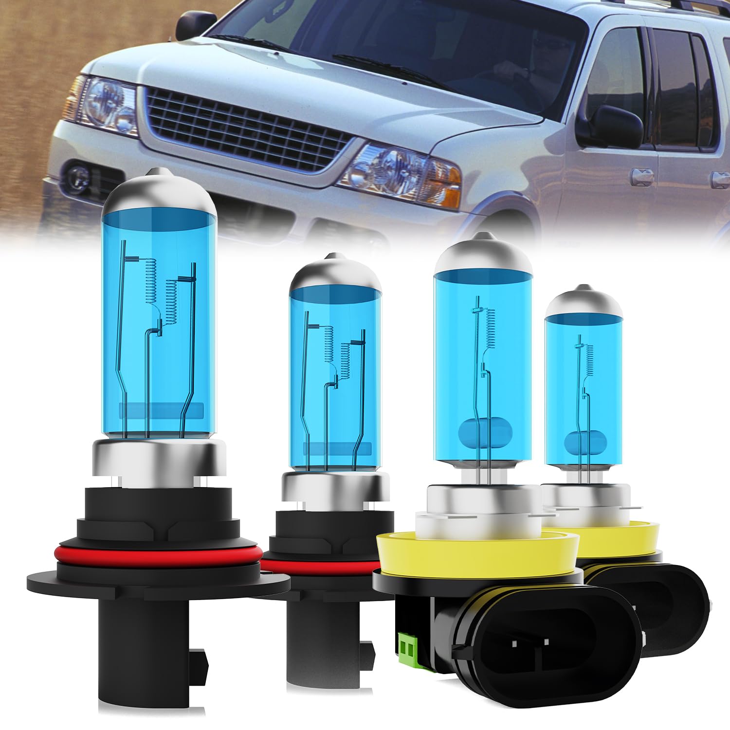 Headlight Bulbs Fit For Ford Explorer 1999-2001, 9007 High Low Beam + H11 Fog Lights Halogen Bulb, 6000K White Light, Plug and Play, Pack of 4