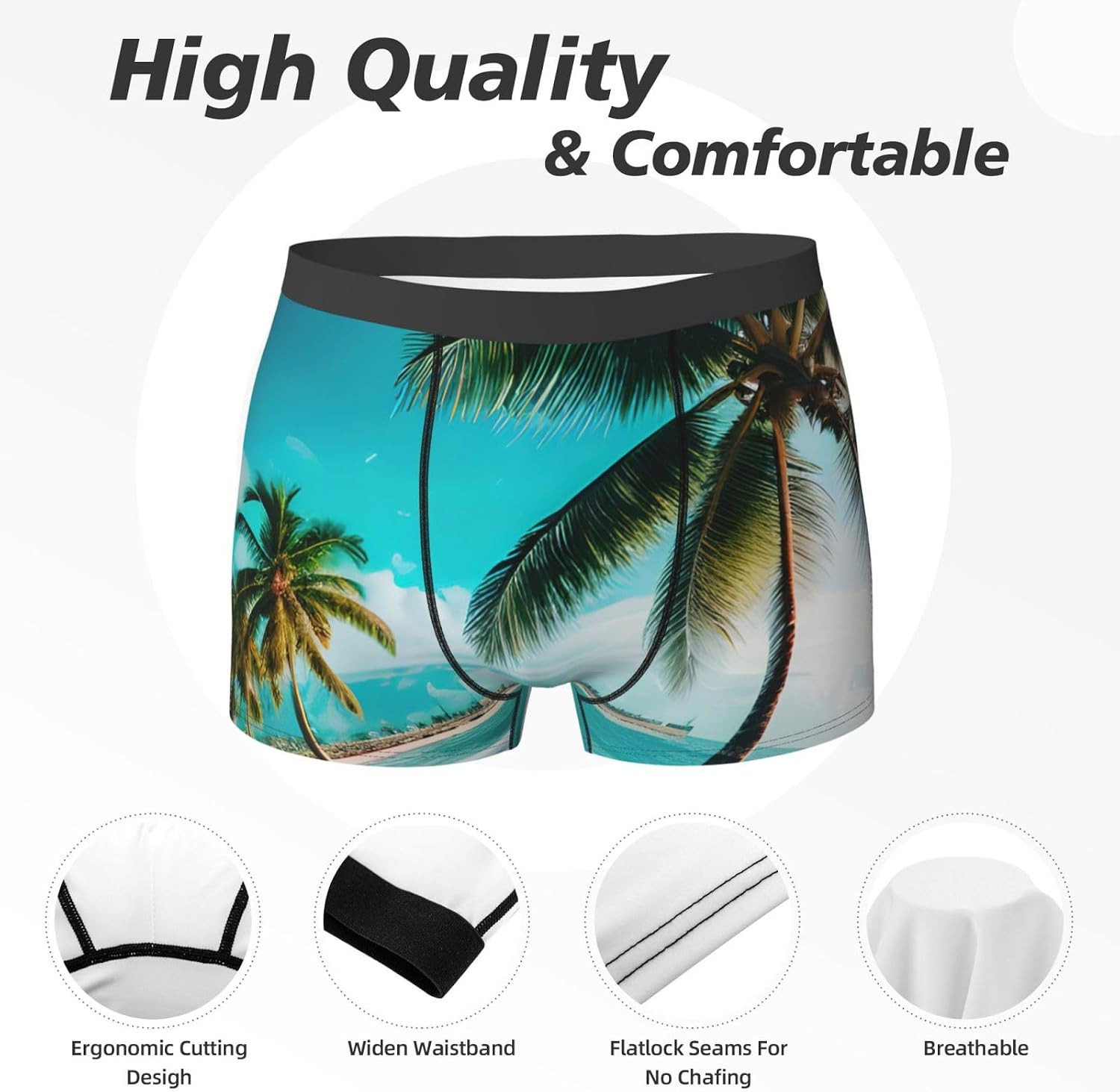 Beach Palm Trees Print Men'S Boxer Briefs, Breathable Comfortable Mens Underwear With Soft Stretch Fabric