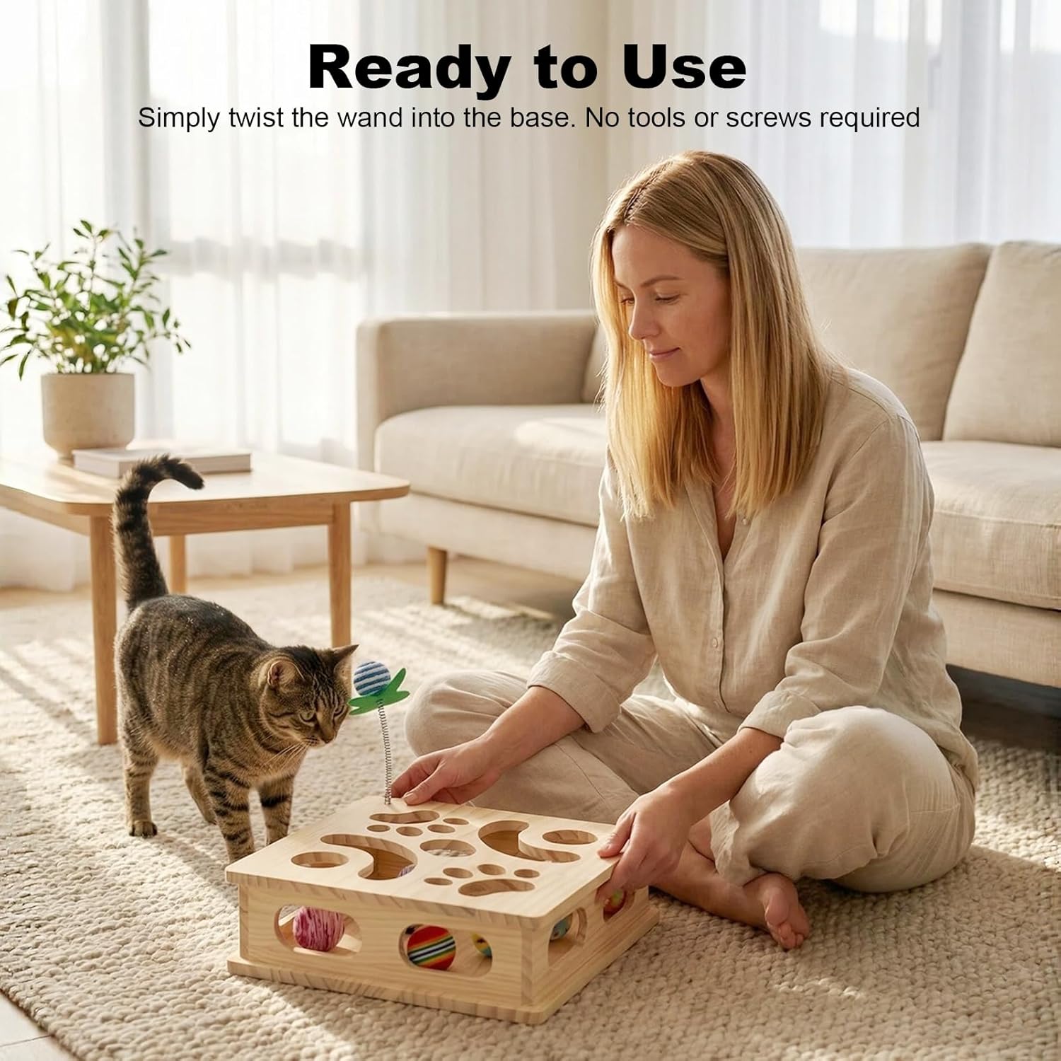 Pine Wooden Cat Puzzle Box, Interactive Maze & Scratch Enrichment Toy, Puzzle Toys for Indoor Cats with Sisal Wand, Silent & Bell Balls (Large)