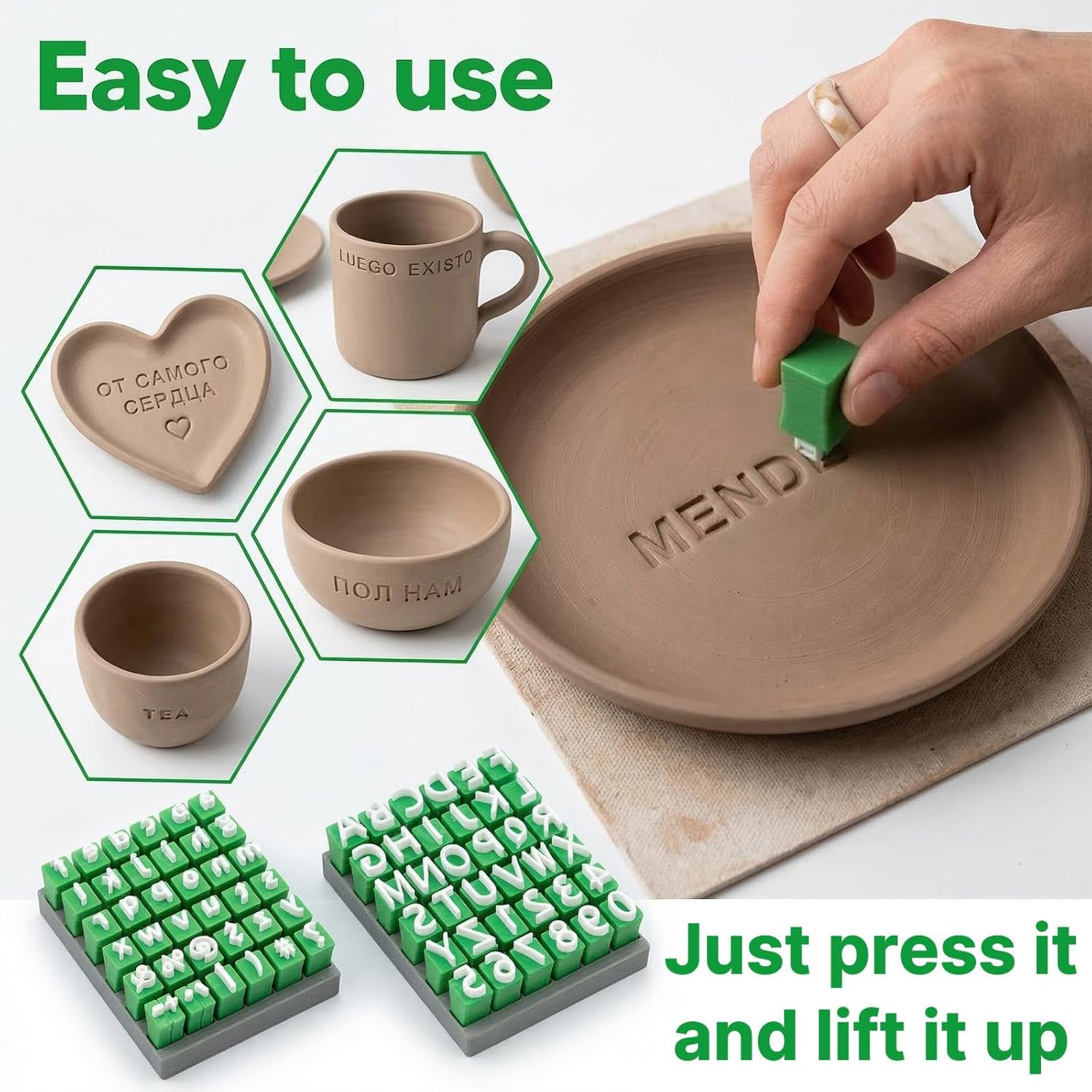 Alphabet Stamp Set for Clay Pottery, 74-Piece Kit, Green | Plastic Uppercase and Lowercase Letter Stamps for Ceramics, Polymer Clay and DIY Crafts