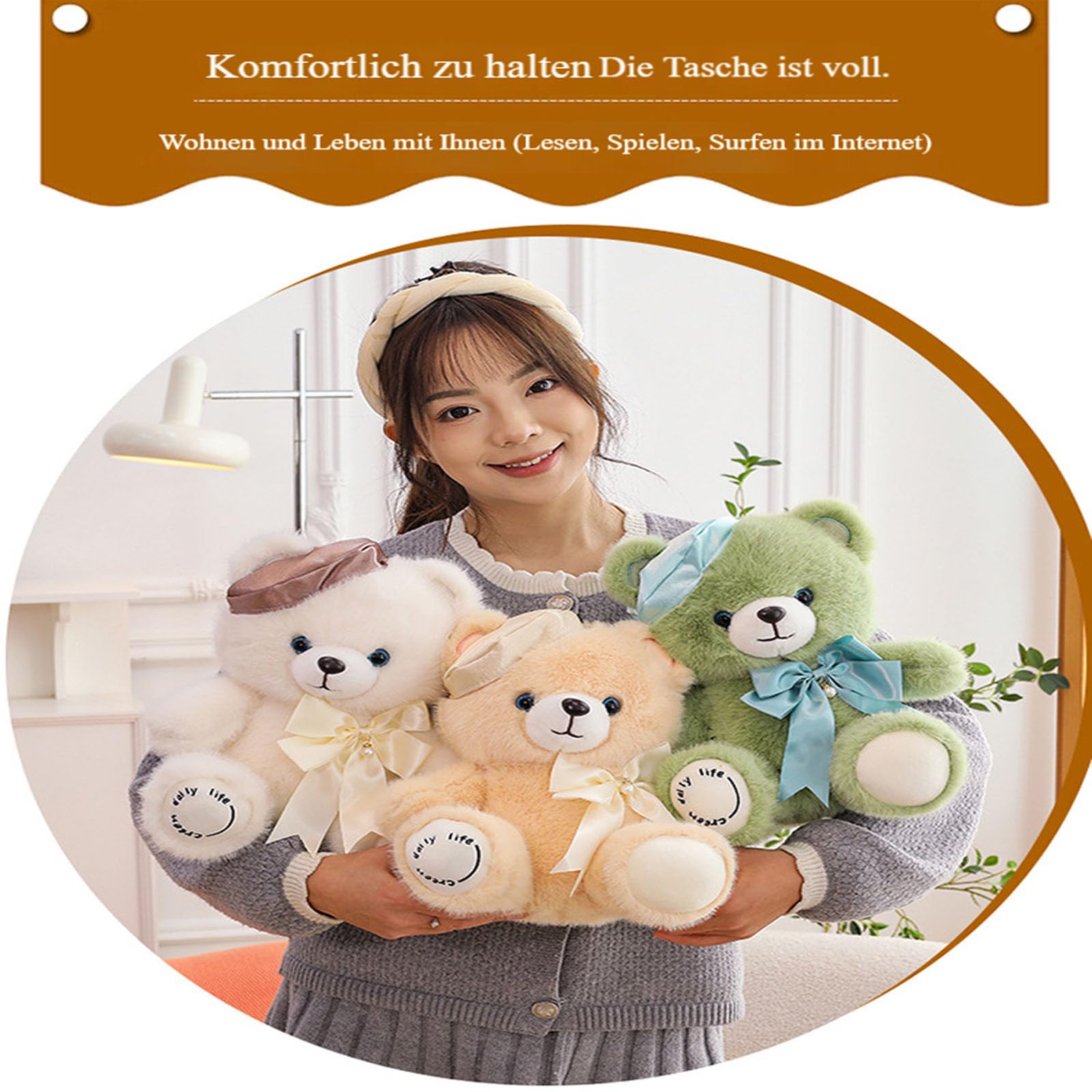 Teddybär Plüsch, Riesen Teddybär XXL mit Schleife und Baskenmütze, Weiches Nette Bär Puppe Tier Kuscheltier, Süße Stofftier Spielzeug, Geschenk für Kinder Jungen Mädchen Geburtstag (60cm,Champagner)