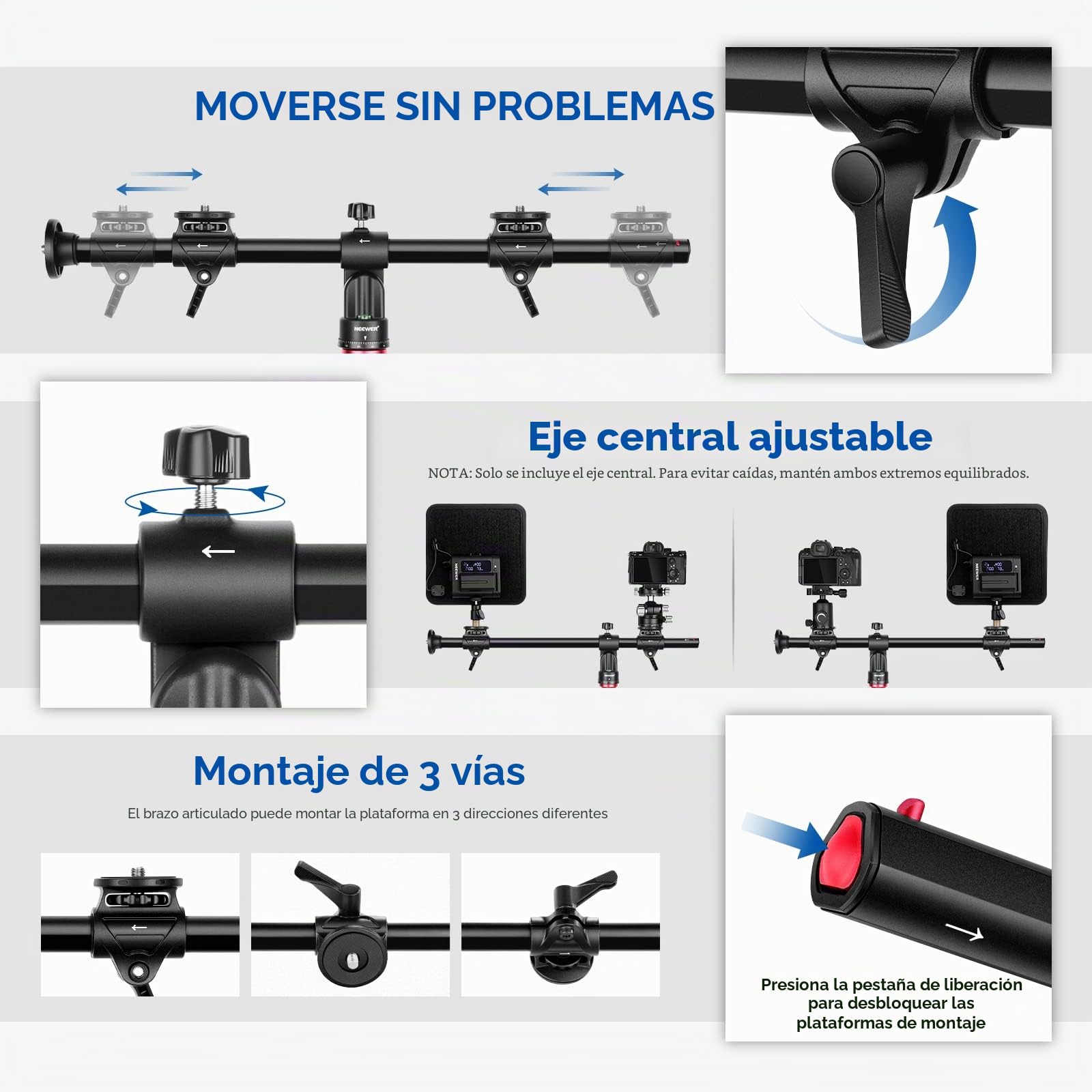 NEEWER 76cm Eje Central de Trípode Horizontal con Tornillo de 3/8", Aleación de Aluminio Giratorio de 360​​​​° 180° Brazo de Extensión del Trípode Ajustable, para la Fotografía Macro(Carga hasta 10kg)