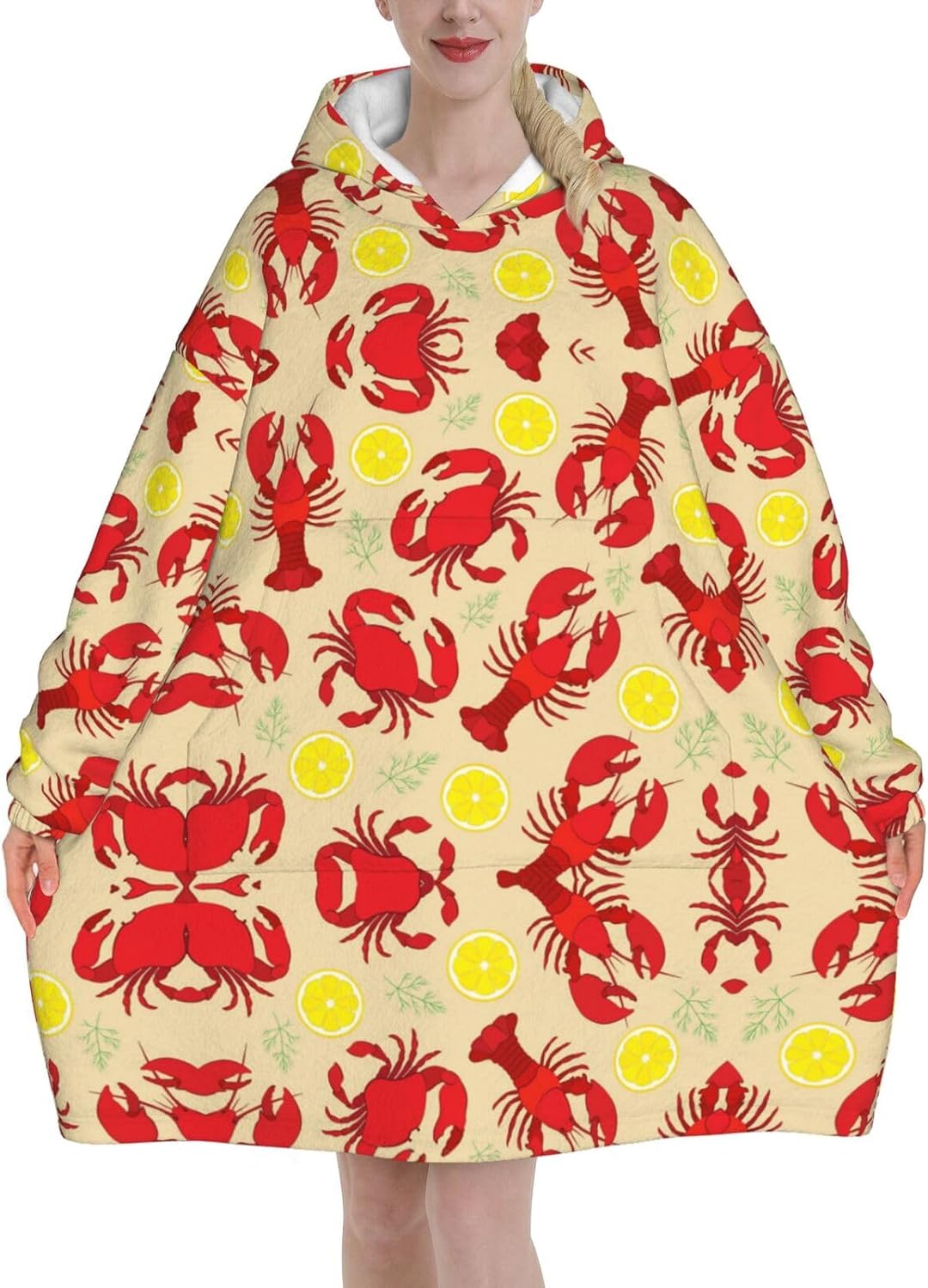 MUSM Lobster And Crab Print Blanket Hoodie Fleece Sweatshirt Blanket With Sleeves And Pockets