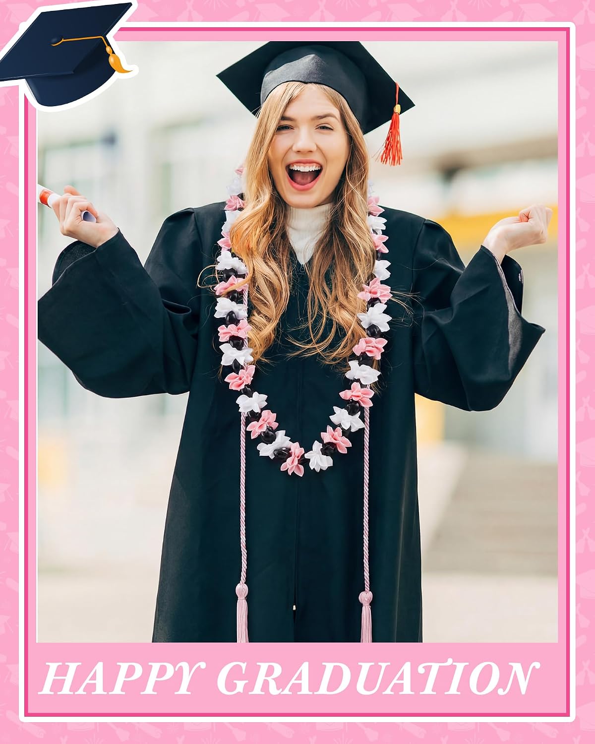 Cindeer Graduation Leis Class of 2026 Graduation Ribbon Leis with Kukui Nut Beads and Honor Cord Hawaiian Kukui Nut Beads Necklace for Party Student Gift Supplies