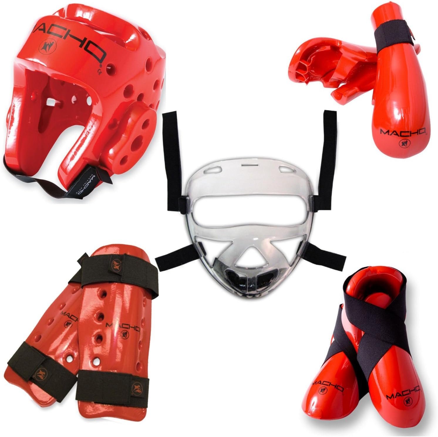 Macho Dyna 8 piece sparring gear set with shin guards and face shield red child small