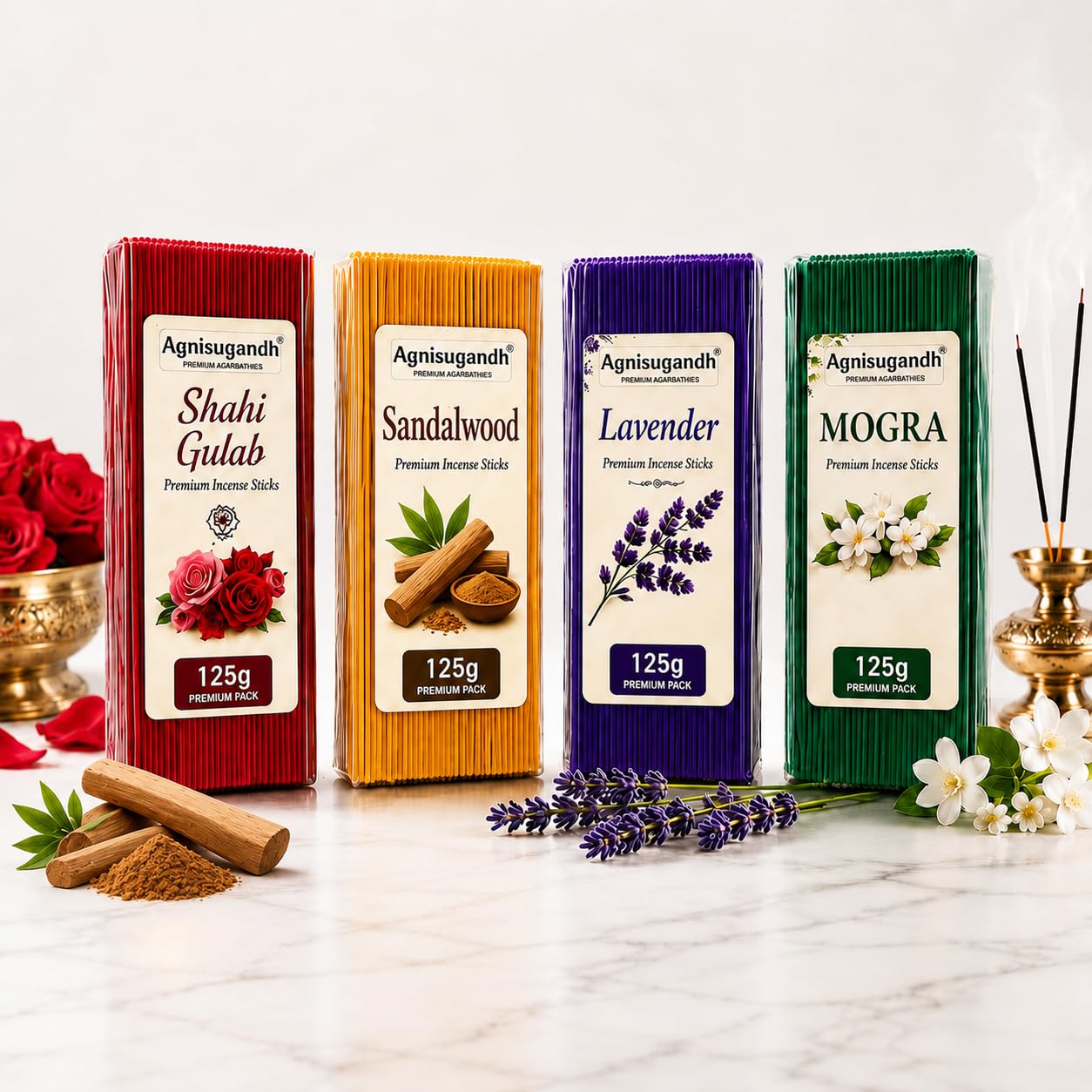 Premium Agarbatti Combo Pack 500g - (4x125g) | Lavender, Mogra, Rose & Pineapple Incense Sticks | Long Lasting Charcoal Free Agarbatti for Puja & Home Fragrance.-picture-34