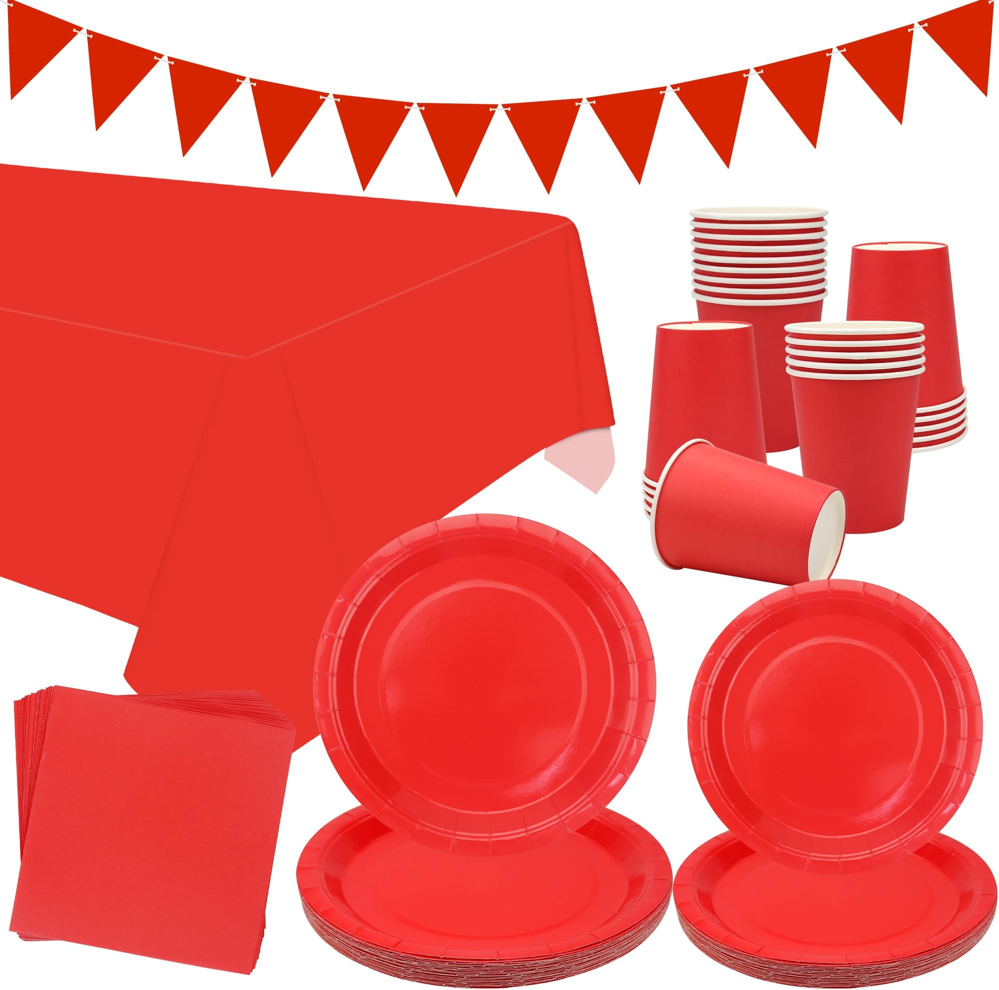 Red Party Tableware Supplies - Serves 20, Includes Plates, Cups, Napkins, Banner, Tablecloth for Wedding, Birthday, Baby Shower (Red, 20)