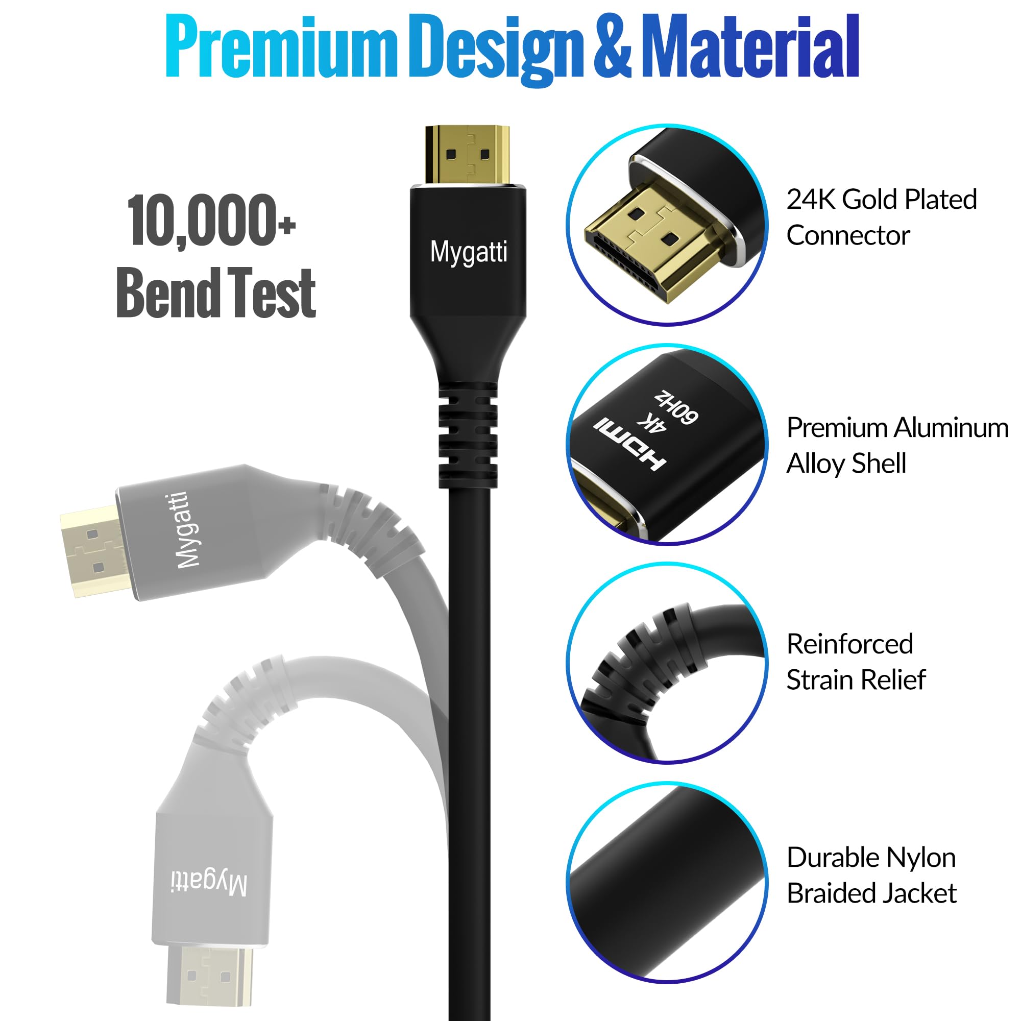 Mygatti 4K HDMI Cable 2 meters/5 Pack,Ultra HD HDMI 2.0 Cable,Nylon Braided jacket & Gold-Plated Connectors,4K@60Hz,2K,1080P - Image 4