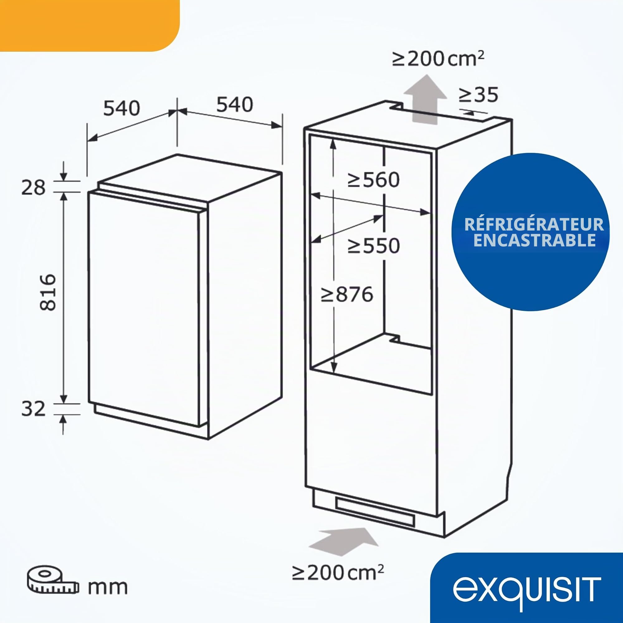 Exquisit EKS5131-V-040E Réfrigérateur encastrable pour chambre complète | Capacité utile 129 l, classe énergétique E, 39 dB(A) | Technologie de porte remorquée, éclairage LED, étagères en verre, bac à