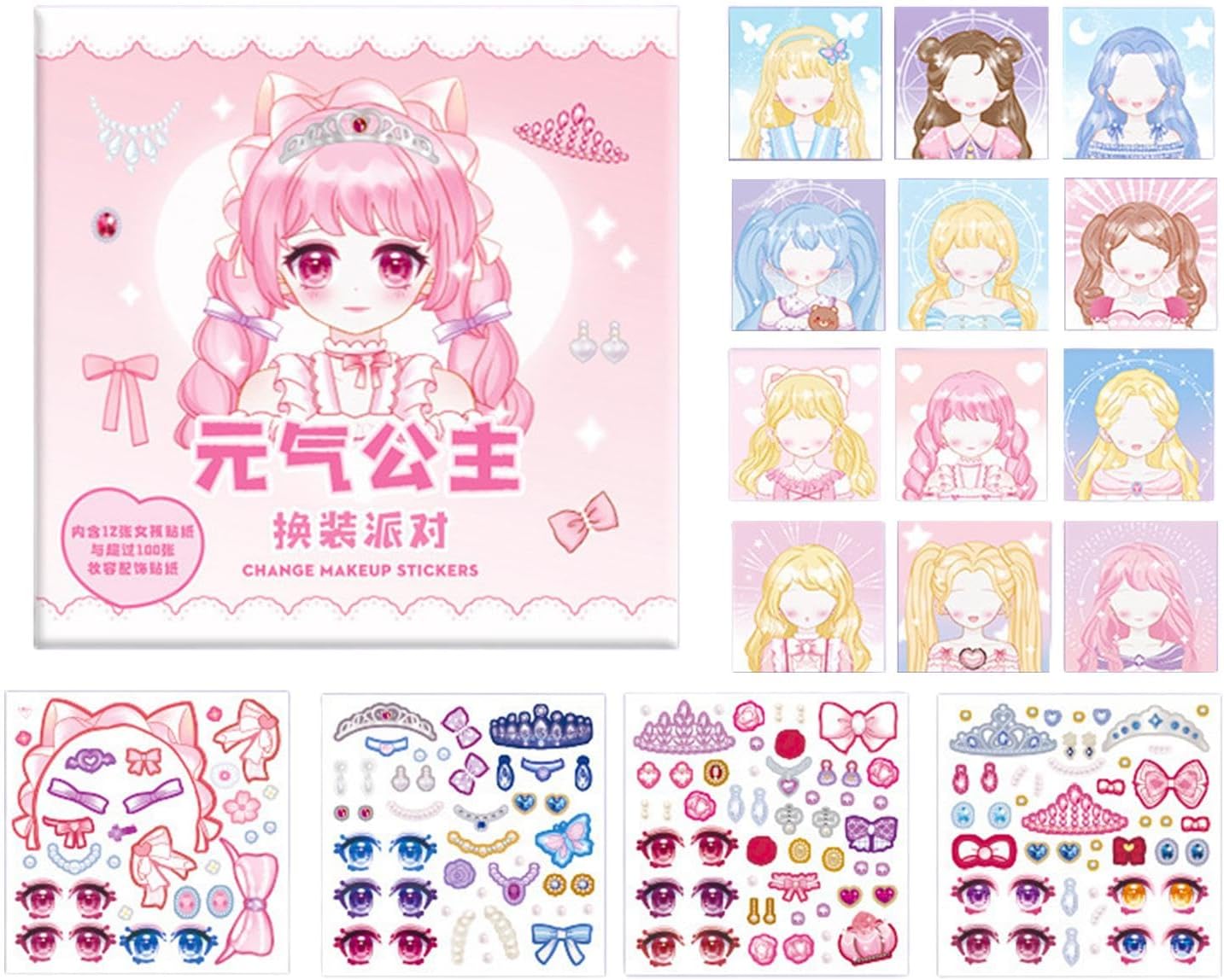 12 Sheets Sticker Book Make A Face Stickers for Kids Boys Girls Removable DIY Match Stickers Craft Game Cute Cartoon Princess Sticker Games Funny Gift, Style D