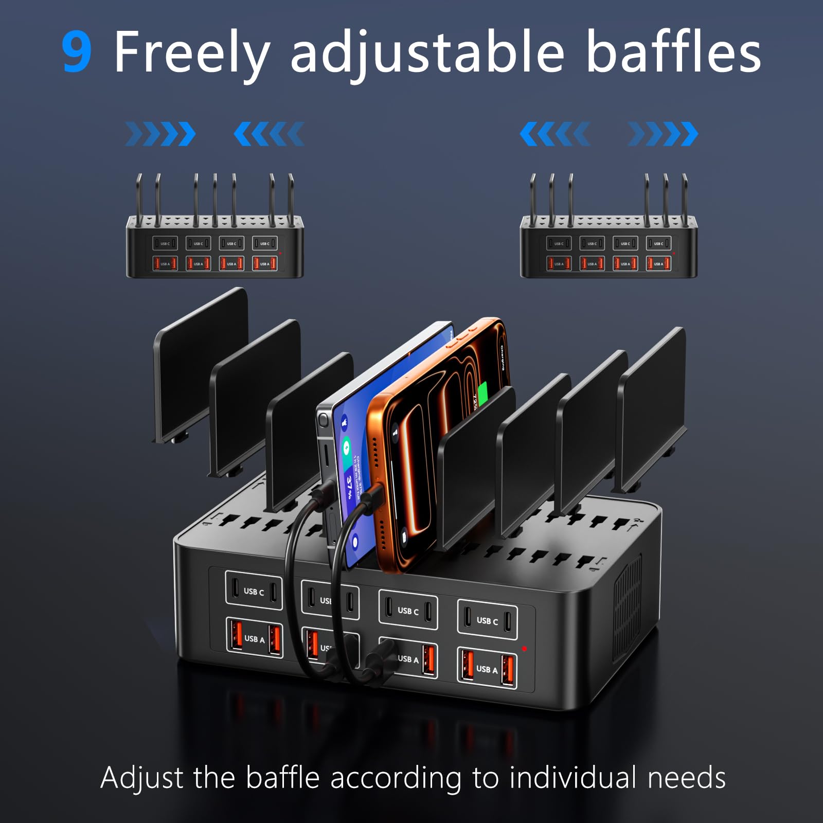 Estación de Carga USB de 16 Puertos, Cargador de 150W, Adaptador de Corriente, con Separador Ajustable y extraíble, concentrador de alimentación USBC, Compatible con iPhone16/Galaxy S25/Google/table