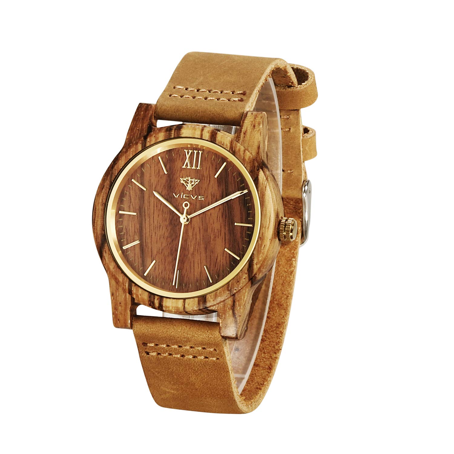 VICVS Orologi in legno per uomo e donna, noce naturale/legno di ulivo cronografo al quarzo giapponese, cinturino regolabile, sport militari e tempo libero