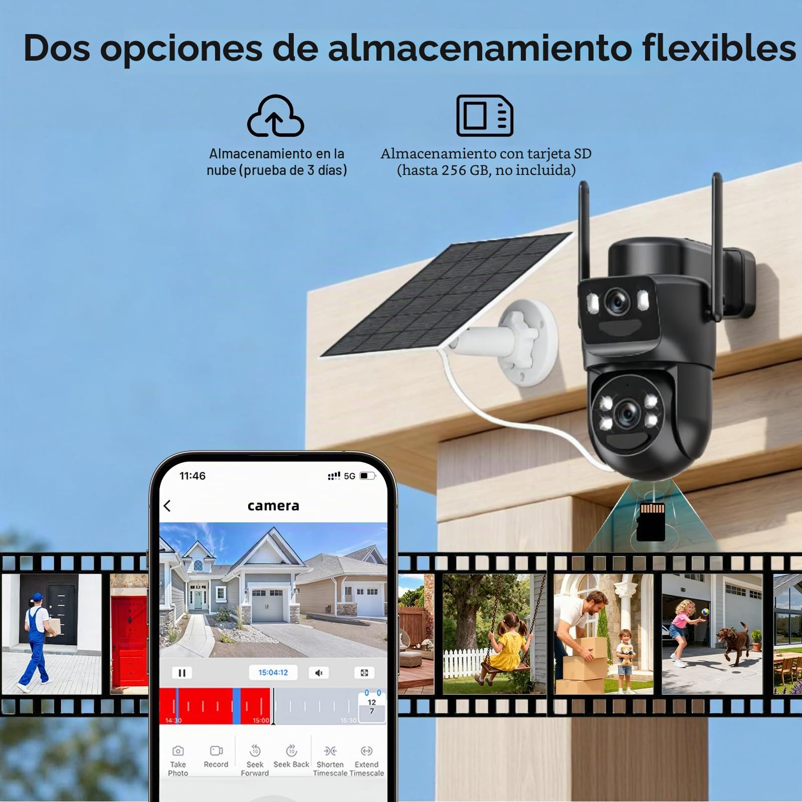 4K Cámara Vigilancia WiFi Exterior Solar con Doble Lente,Panel Solar 6W,360° PTZ,Detección Humana PIR,Audio Bidireccional,Visión Nocturna en Color,2.4G/5GHz,IP66