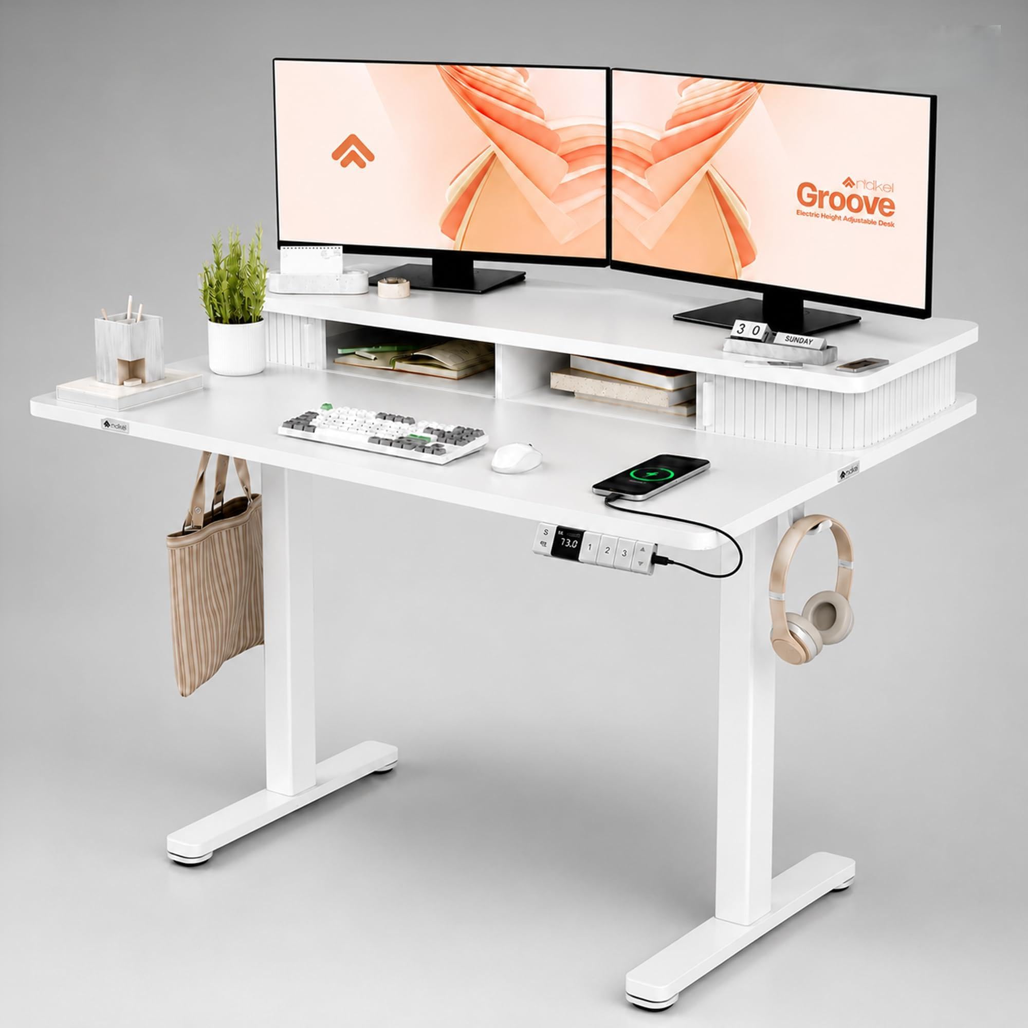 ARTIKEL Groove Height Adjustable Table for Office Work, Electric Standing Desk, Sit Stand Desk for Home & Office, Ergonomic Height Adjustable Desk with Roller Shutter Storage, Headphone Hook, 120x63cm