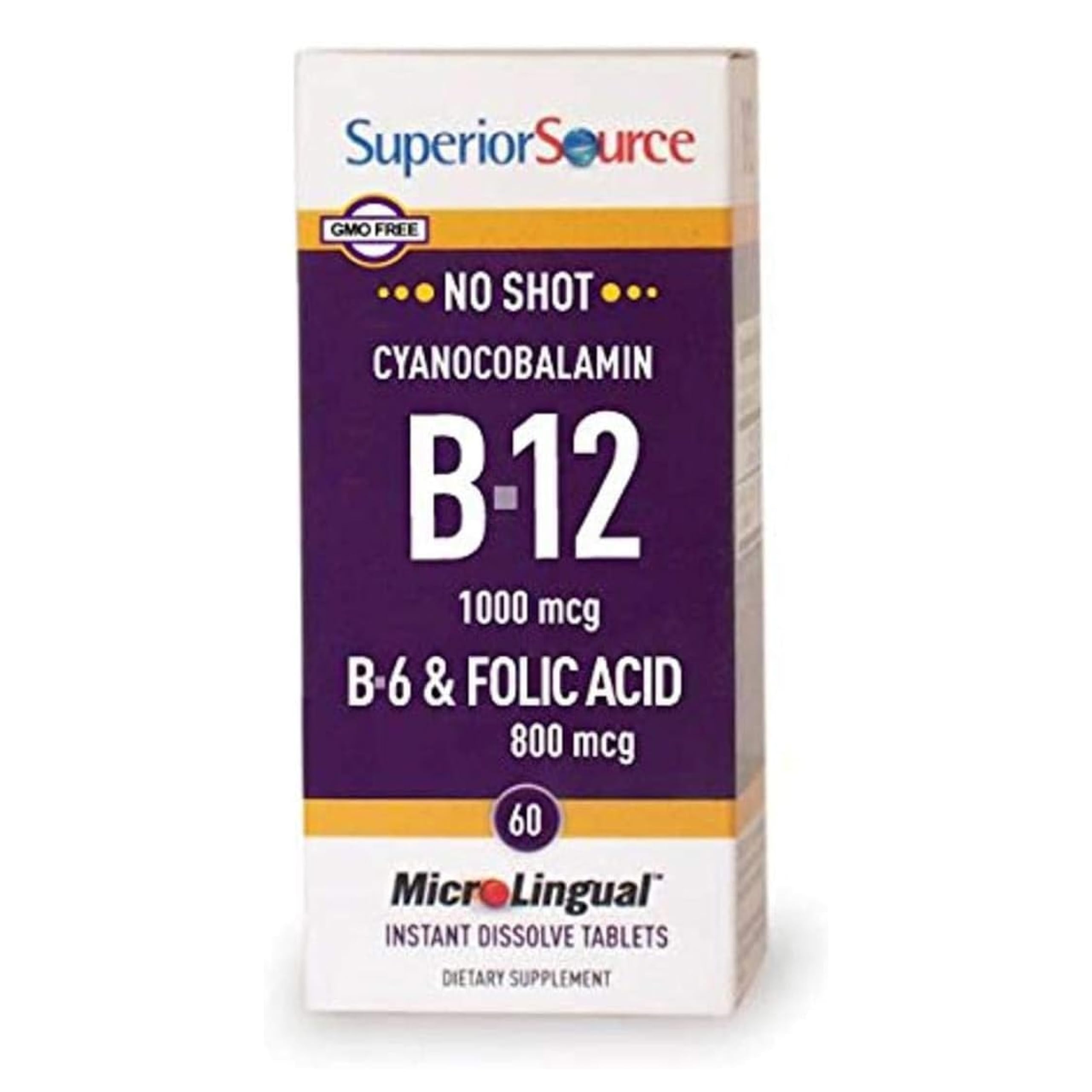 Superior Source No Shot Vitamin B-12 Cyanocobalamin 1000 mcg, B-6, Folic Acid 800 mcg - Support Brain & Heart Health - 60 Sublingual Dissolving Tablets
