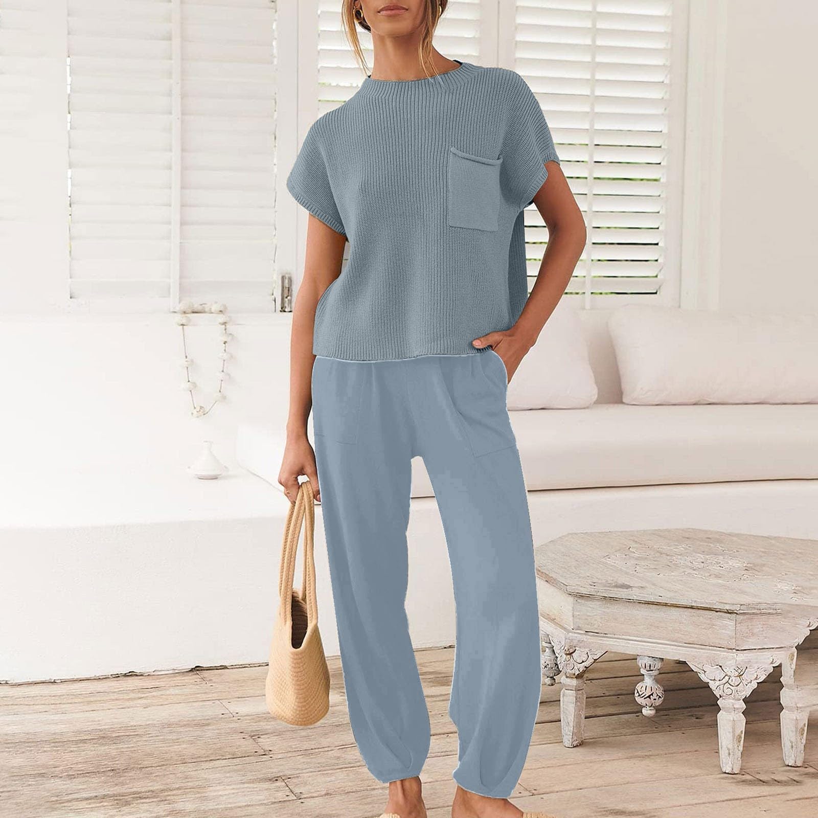 Survêtement 2 Pièces pour Femme - Manches Longues - Crop Tops - Pantalon Évasé D'Été Tenue Loungewear Set Ensemble de Survêtement Combinaison Pantalon Femme Chic Tee-Shirt Sport Femme Ample et Long
