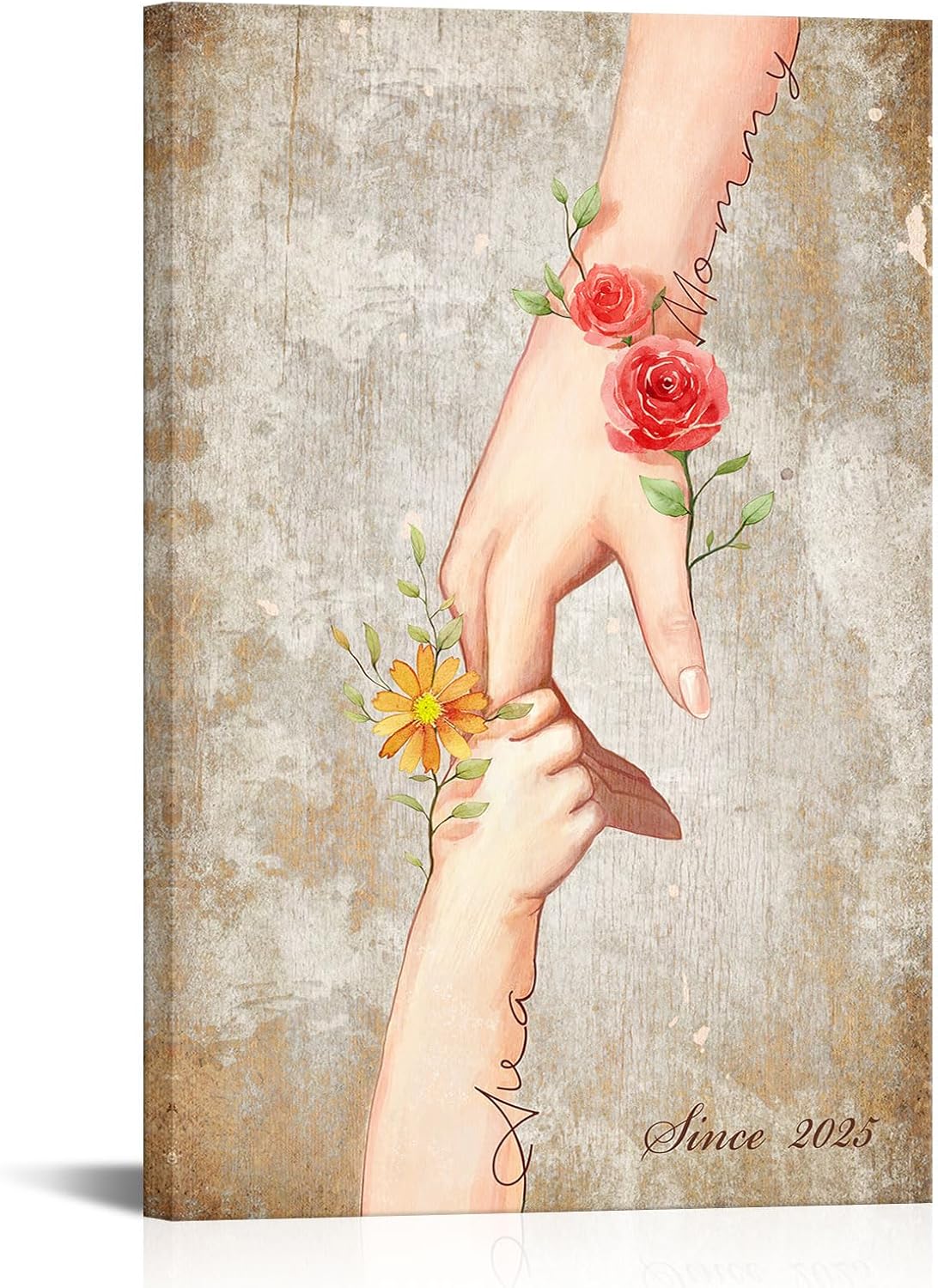 iLOOKLiKE Mothers Day Personalized Gifts for Mom Floral Hands Wall Art with Name Custom Romantic Love Canvas Prints Unique Birthday Presents Vintage Style Home Decor from Son Daughter
