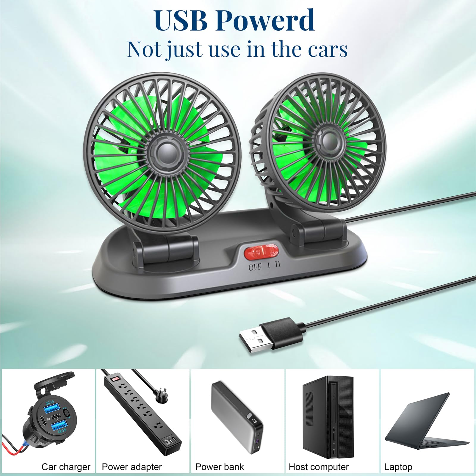 Ventilateur Double Tête pour Voiture, Ventilo de Refroidissement Portable pour Véhicule à 2 Vitesses, Ventilateur de Tableau de Bord Rotatif à 360° et Réglable pour Camion, Camping-Car, Bateau, Fourgo