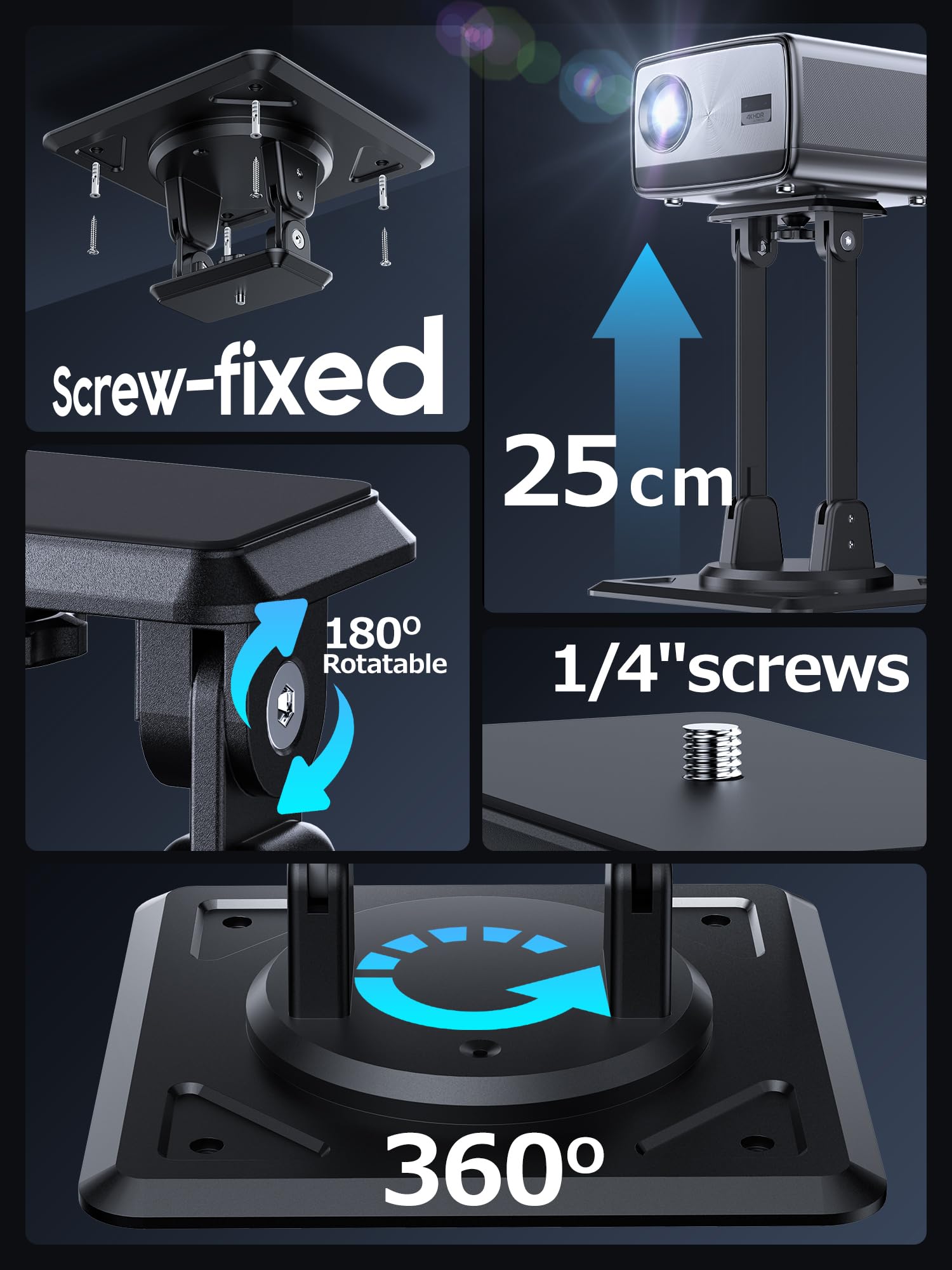 Beamer Ständer Halterung 3-in-1 für Decke, Wand & Tisch, 360° drehbare Projektor-Wandhalterung | Mehrwinkliger Verstellbarer Ständer | Kompatibel mit einem 1/4-Zoll-Gewindeanschluss