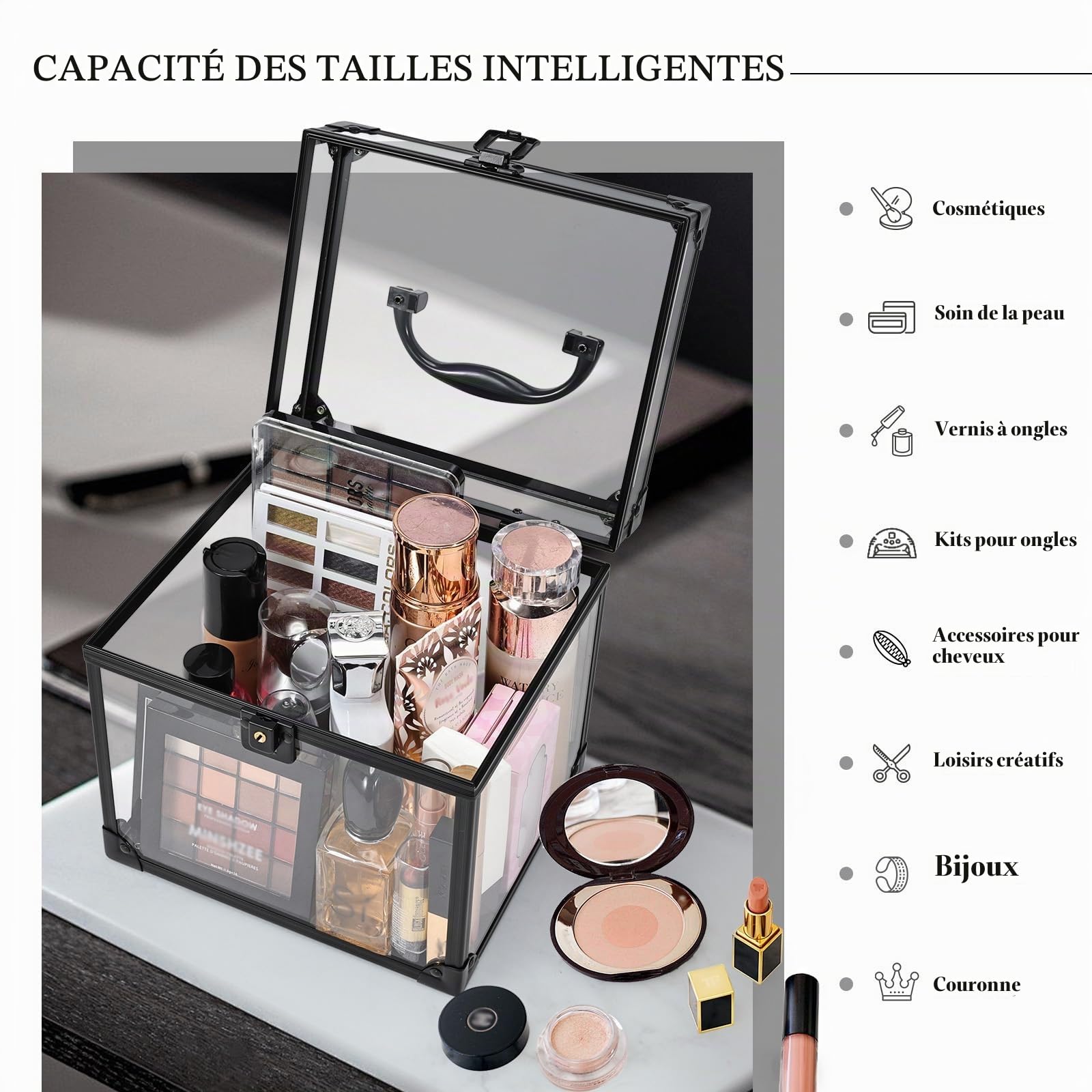 Malette Maquillage Boîte de Maquillage Beauty Case Transparente Vanity Maquillage Malette de Rangement Maquillage Portable vitrine Acrylique verrouillable