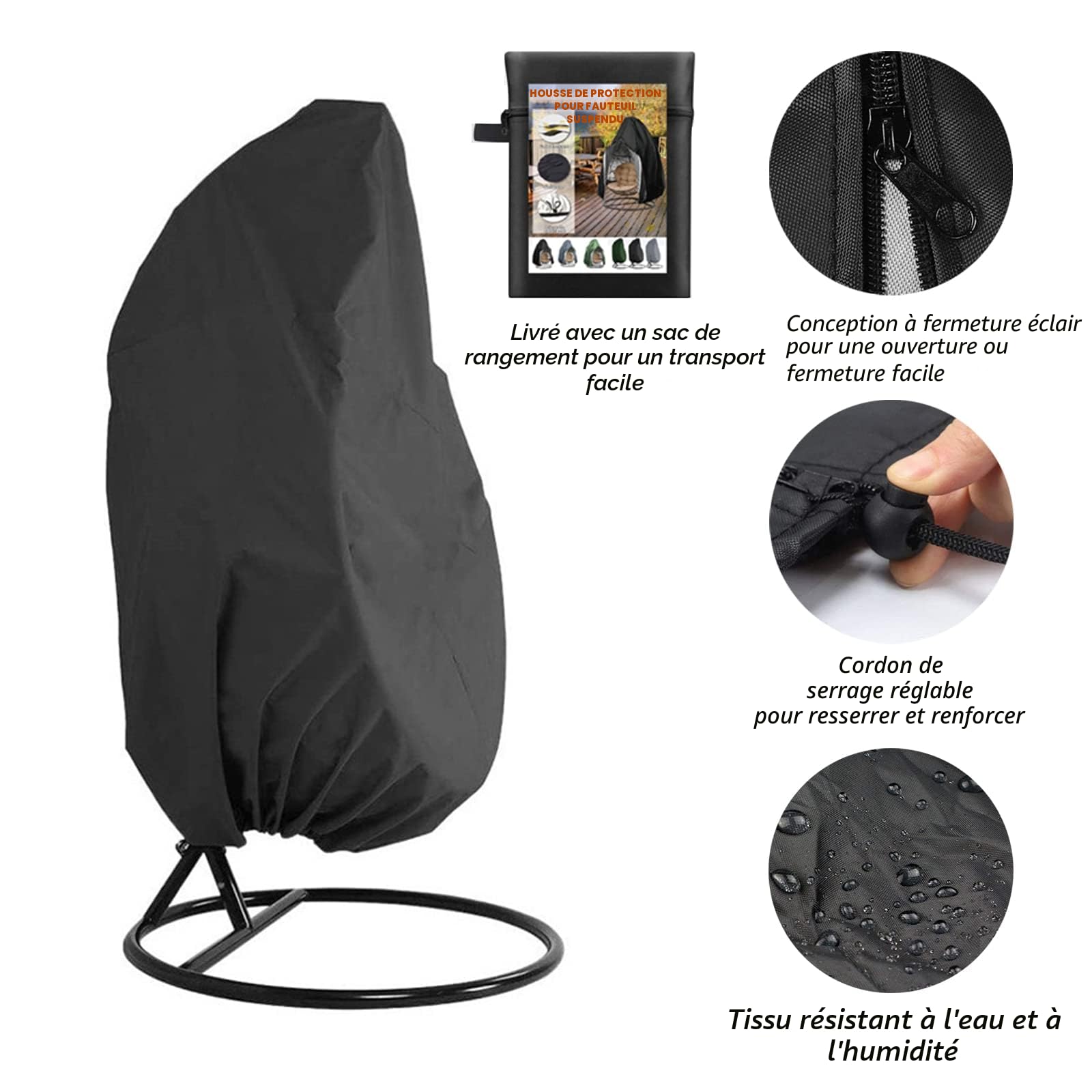 Couverture de Chaise Suspendue Jardin Rotin Osier Fauteuil Suspendu Housse de Protection pour œufs Chaise résistant à l'eau et à la poussière - 190 X115cm (Noir)