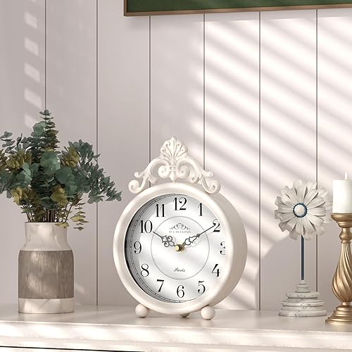 Miniatura 3 de Reloj de mesa blanco vintage, reloj de mesa y repisa, estilo rústico francés, estilo antiguo, para granja, dormitorio, sala de estar, mesita de