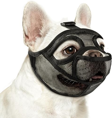 Bozal de bulldog francés, bozal corto de malla suave con apertura de la boca y agujeros agrandados para los ojos, permite jadear, beber y alimentar,
