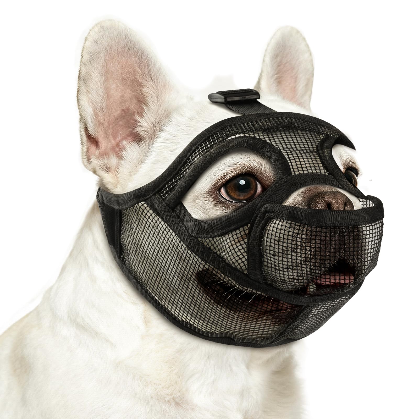 Photo 1 of French Bulldog Muzzle, Soft Mesh Short Snout Muzzle with Mouth Opening & Enlarged Eye Holes, Allows Panting, Drinking & Feeding, Prevents Biting for Shih Tzu Pug English Bulldog(L,Black)