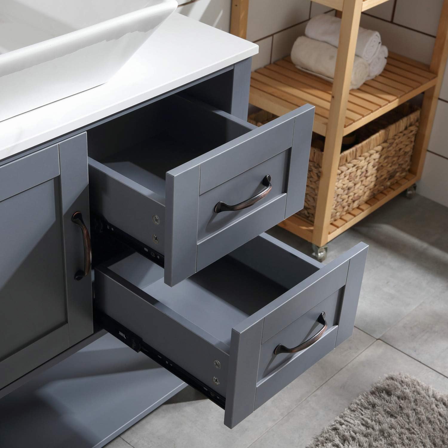 30 inch Bathroom Vanity with Marble Pattern Wood Countertop Antique Bronze Handle, Sink Basin Not Included, Gray