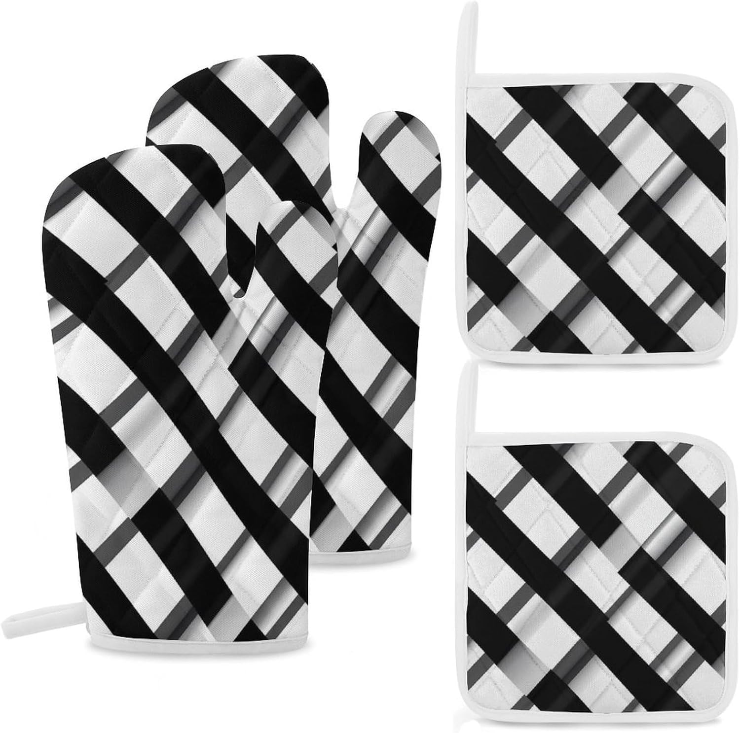 Black and White Checkered 4 Pcs Oven Mitts and Pot Holders Set High Heat Resistant Long Kitchen Oven Glove Potholders