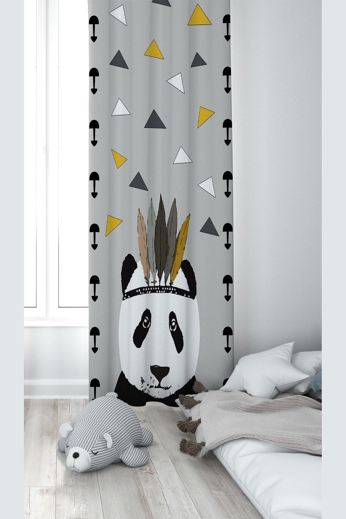 Pelangi Gri Panda Desenli Dijital Baskı Yıkanabilir Bebek Çocuk Odası Fon Perdesi, gri 70 x 240, 1103168702401