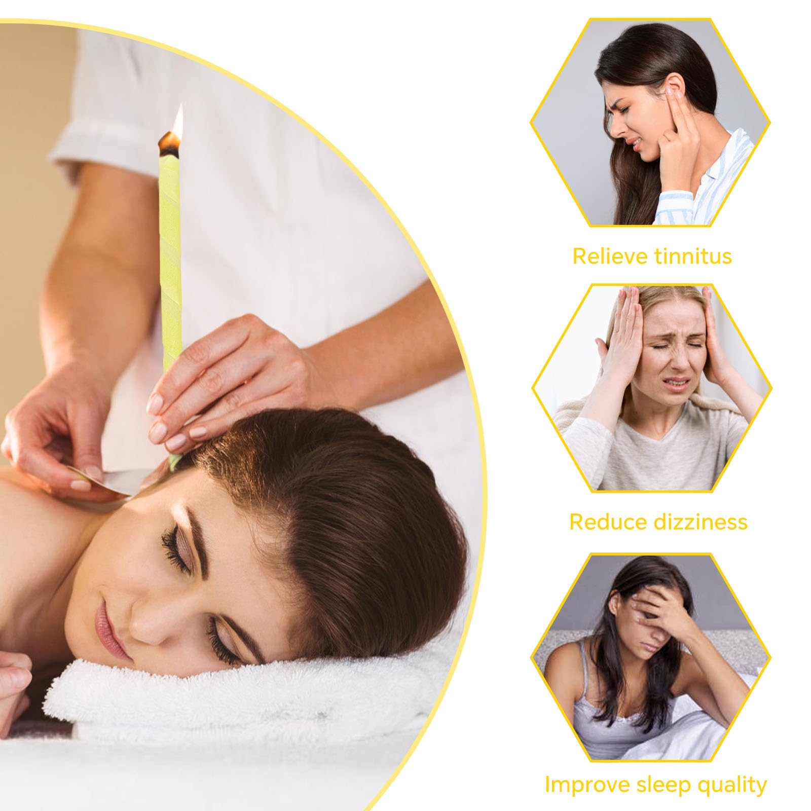 Coni Orecchie Cerume, 10 Candele Orecchie Cerume, Candele Naturali Auricolari in Cera D'api, Per Rilassare la Pelle, Ridurre lo Stress, Migliorare il Sonno (Giallo)