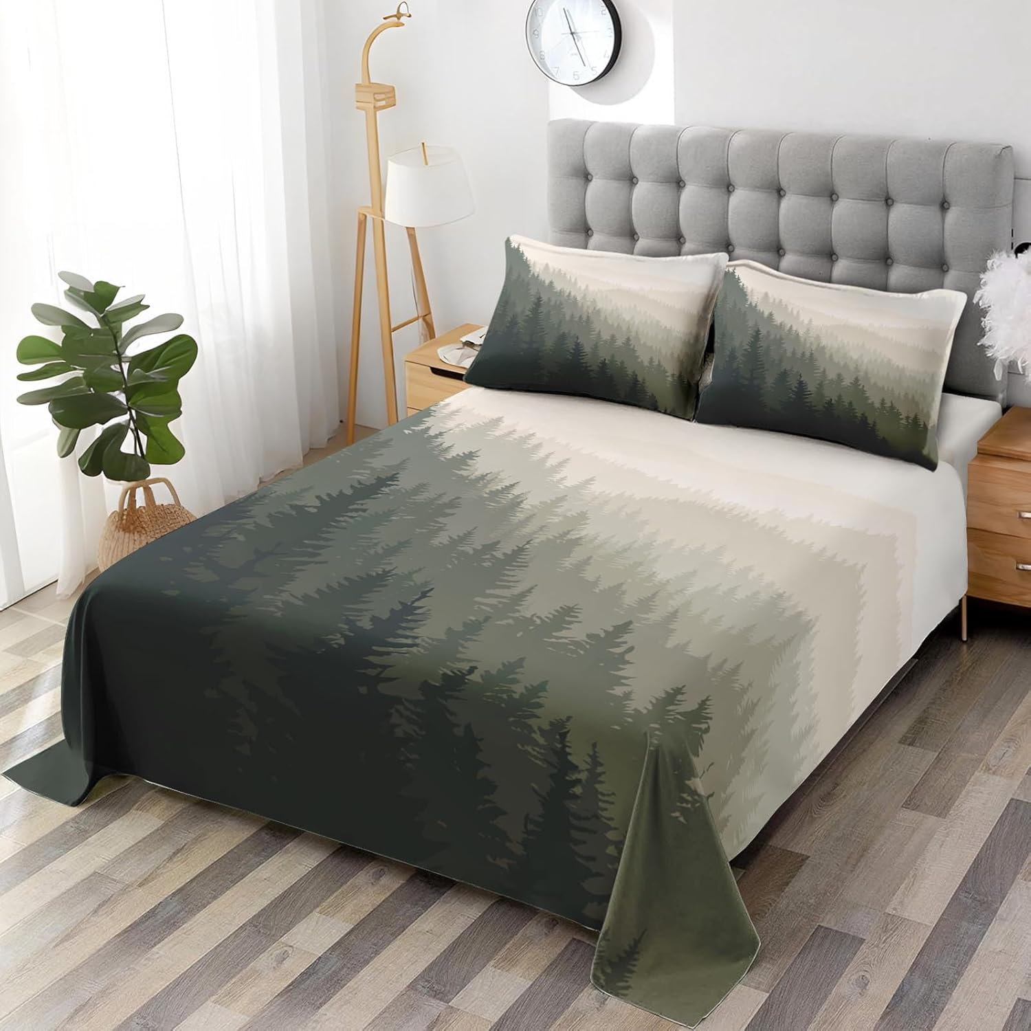 Pamnest Twin Size Bed Sheet Sets, Mountain Pine Tree Soft Microfiber 3 Pcs Bedding Sets for Kids and Adults Bedroom Bed Decor, Natural Forest Landscape Flat, Fitted Sheet and Pillowcases