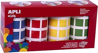 Pack 4 Rollos Gomets Cuadrados 4 Colores APLI Kids 18326, Azul, rojo, amarillo y verde, 20 x 20 mm