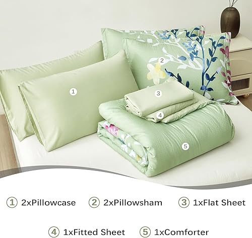 Miniatura 7 de Juego de edredón de 7 piezas, color verde salvia, tamaño King, diseño floral de sirsaca suave, para todas las estaciones, juego de ropa de cama