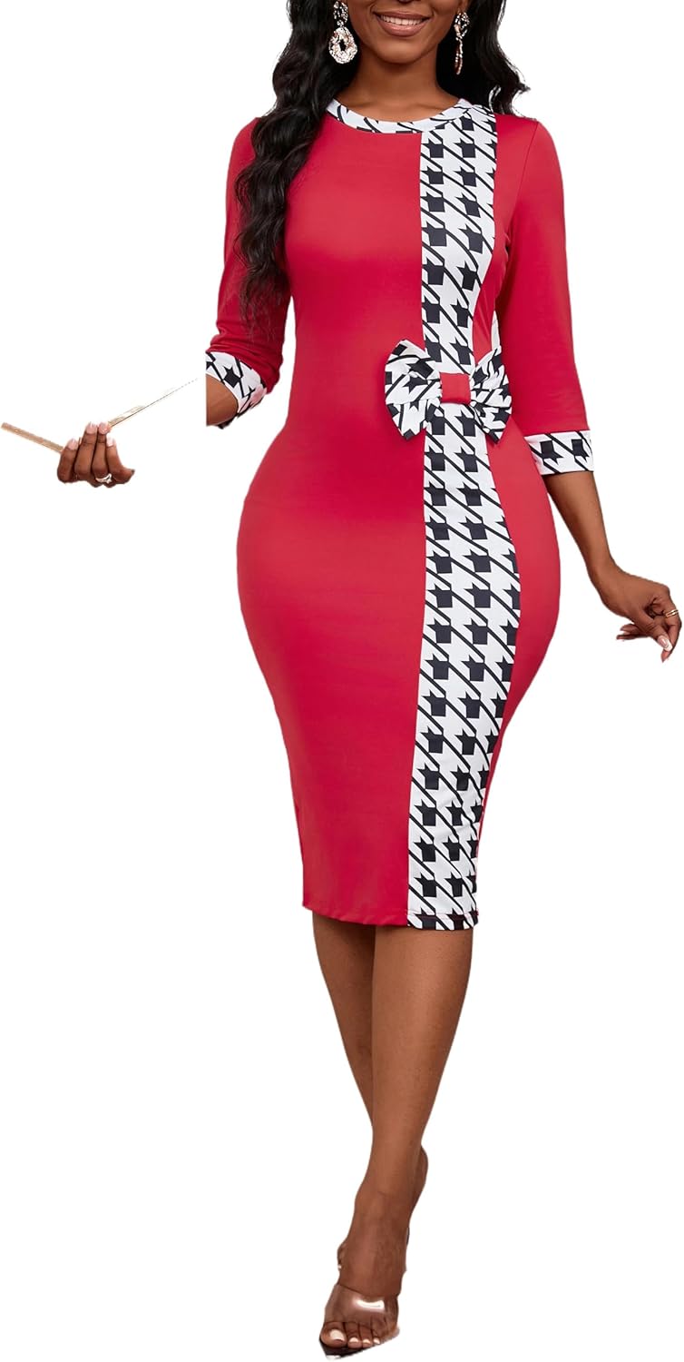 Women's 3/4 Sleeve Round Neck Casual Houndstooth Bodycon Wear to Work Pencil Sheath Midi Dresses - Image 6