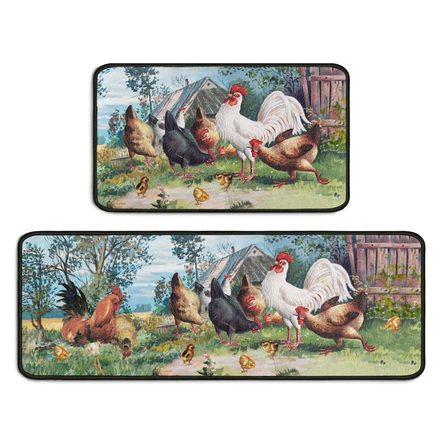Farmhouse Kitchen Rug Set of 2, Vintage Farm Rooster Non-Slip Washable Mat, Farmhouse Kitchen Decor Anti-Fatigue Rug for Kitchen Sink Laundry Room, 17x30+17x47 Inch — image 1
