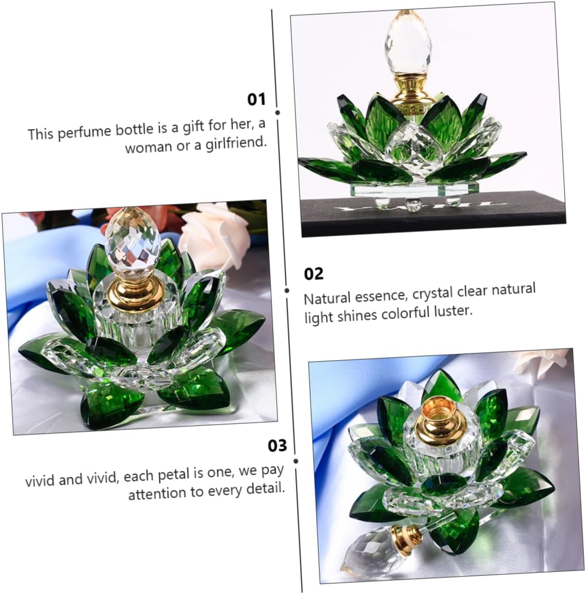 Elegant Lotus Shaped Crystal Glass Perfume Bottle Green Decorative Empty Container for Travel Essential Oils and Cosmetics Storage